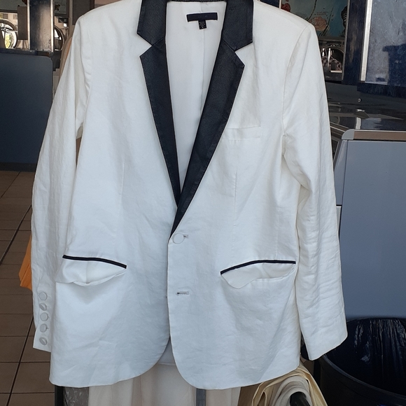 Joe's white Black Leather Collar Trim Tuxedo M blazer Suit Jacket - Picture 5 of 12